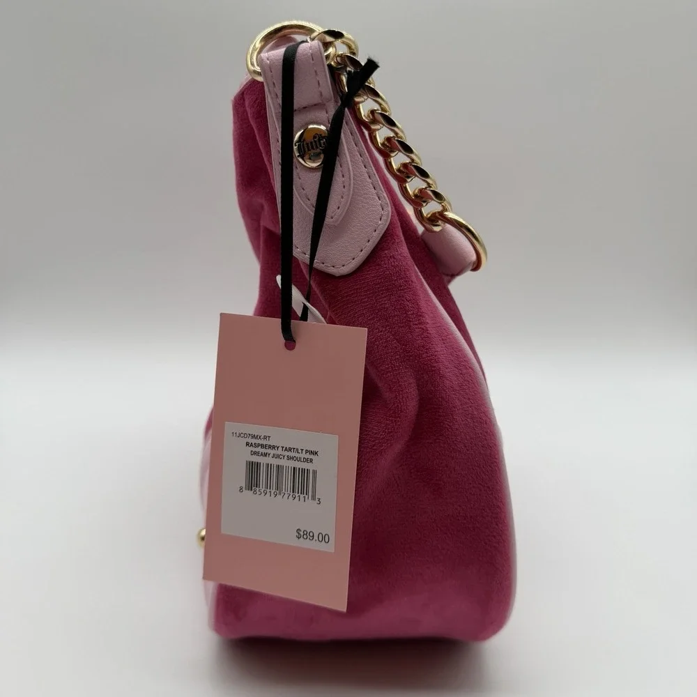 Juicy Couture Dreamy Shoulder Bag & Matching Zip Card Case Raspberry Velour NWT